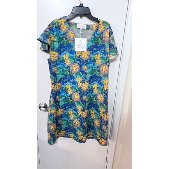 Chelsea Gunn Womens Tunic Blouse Short Sleeve Floral Blue Yellow Large - Picture 1 of 10